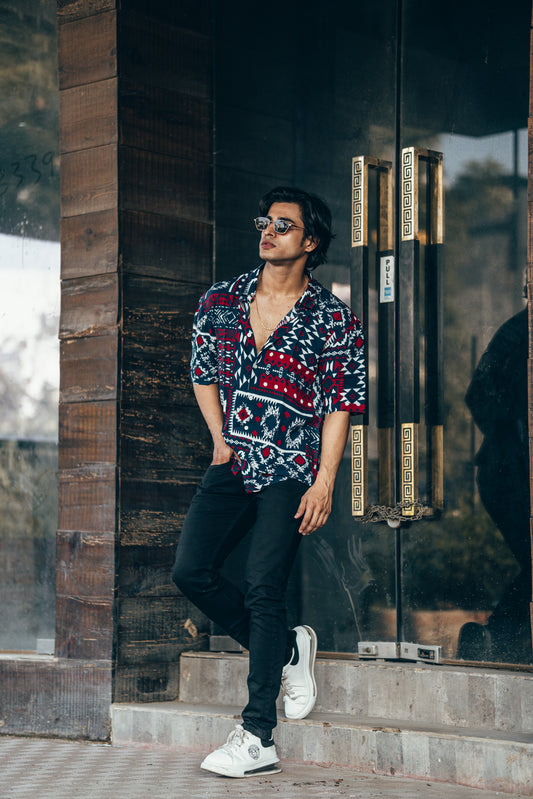 Navy Blue and Red Patchwork Print Oversize Drop Shoulder Shirt
