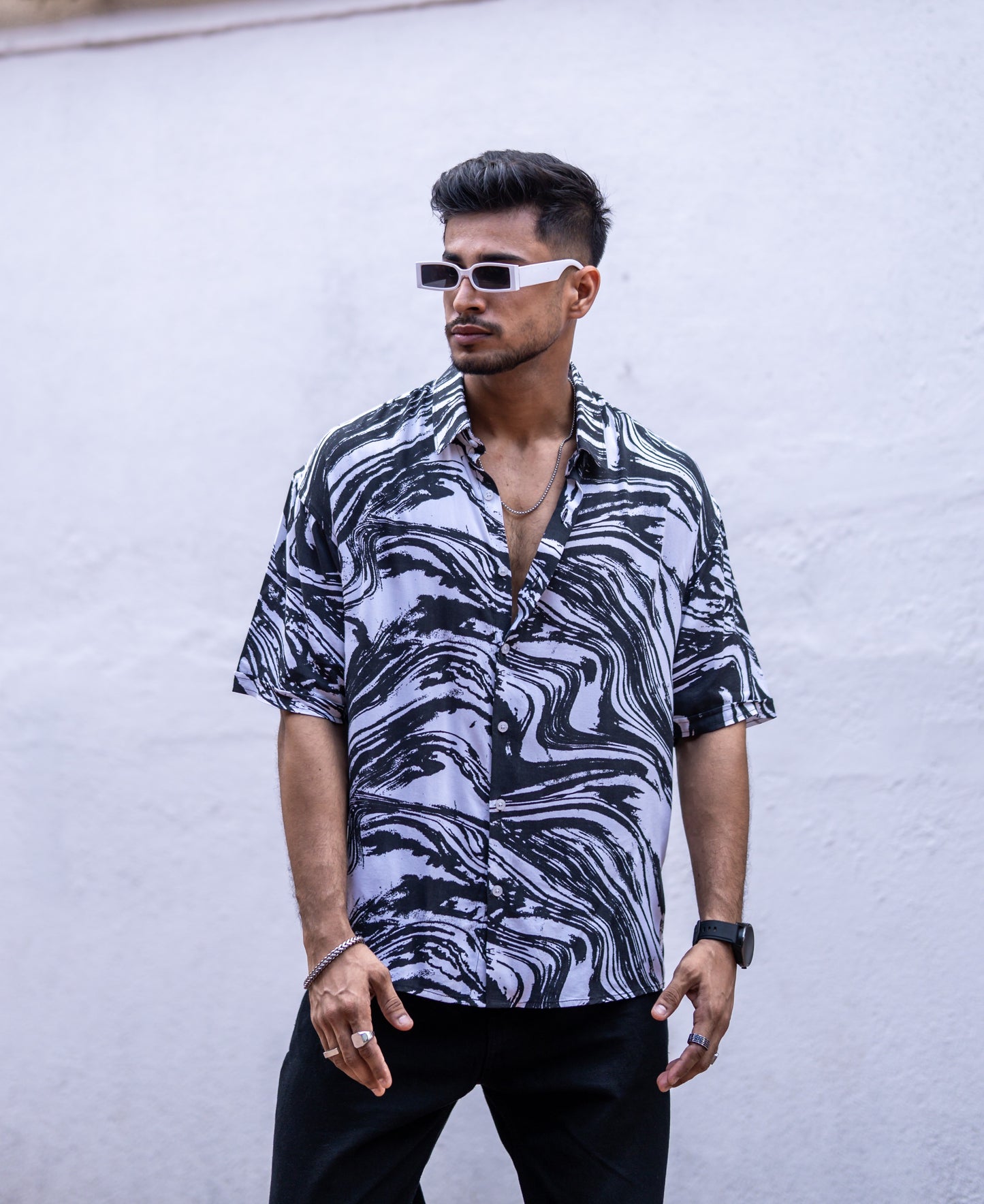 Black Abstract Print Oversize Drop Shoulder Shirt
