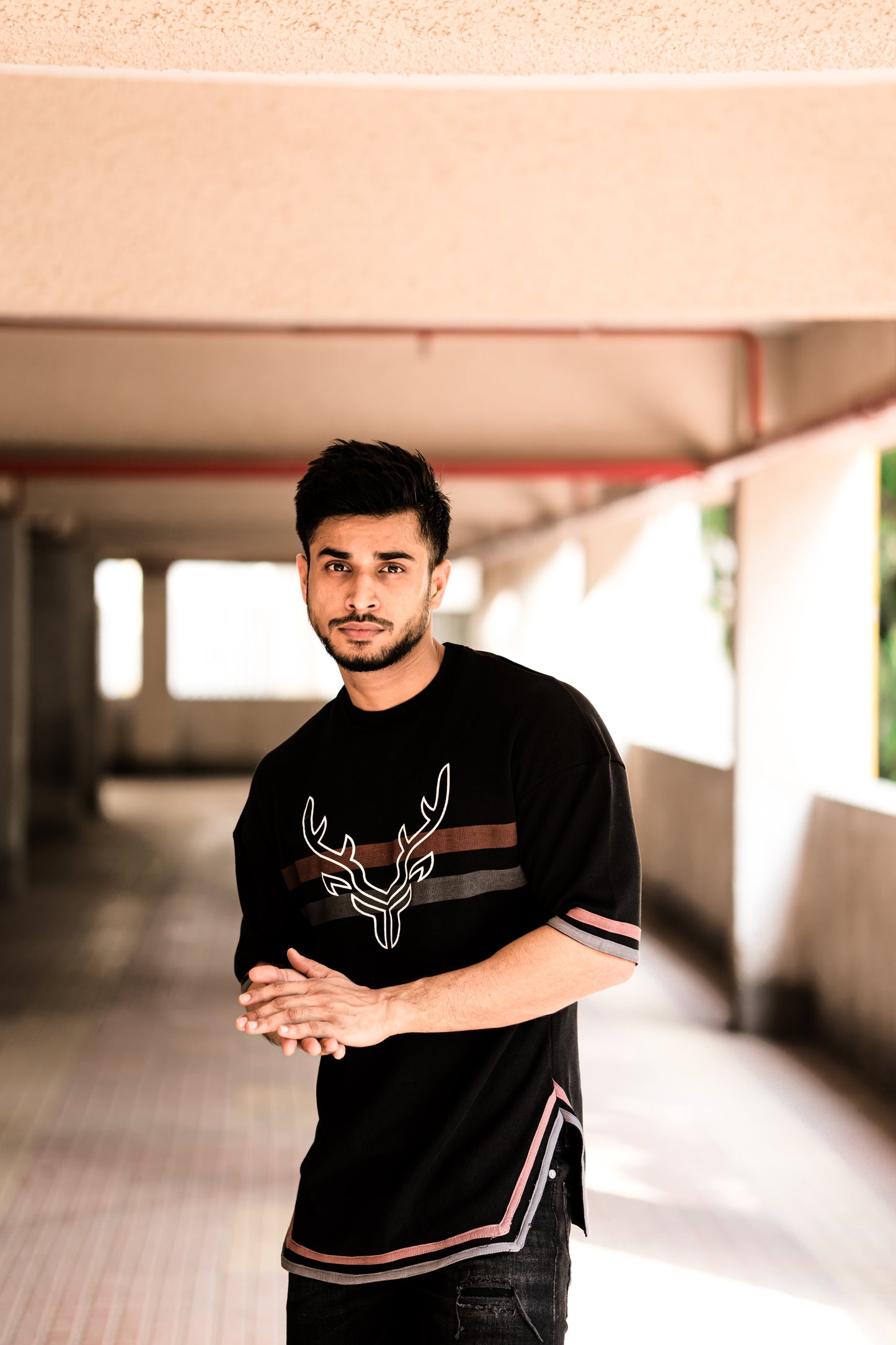 Black Deer Chest Stripe Oversize Drop Shoulder T Shirt