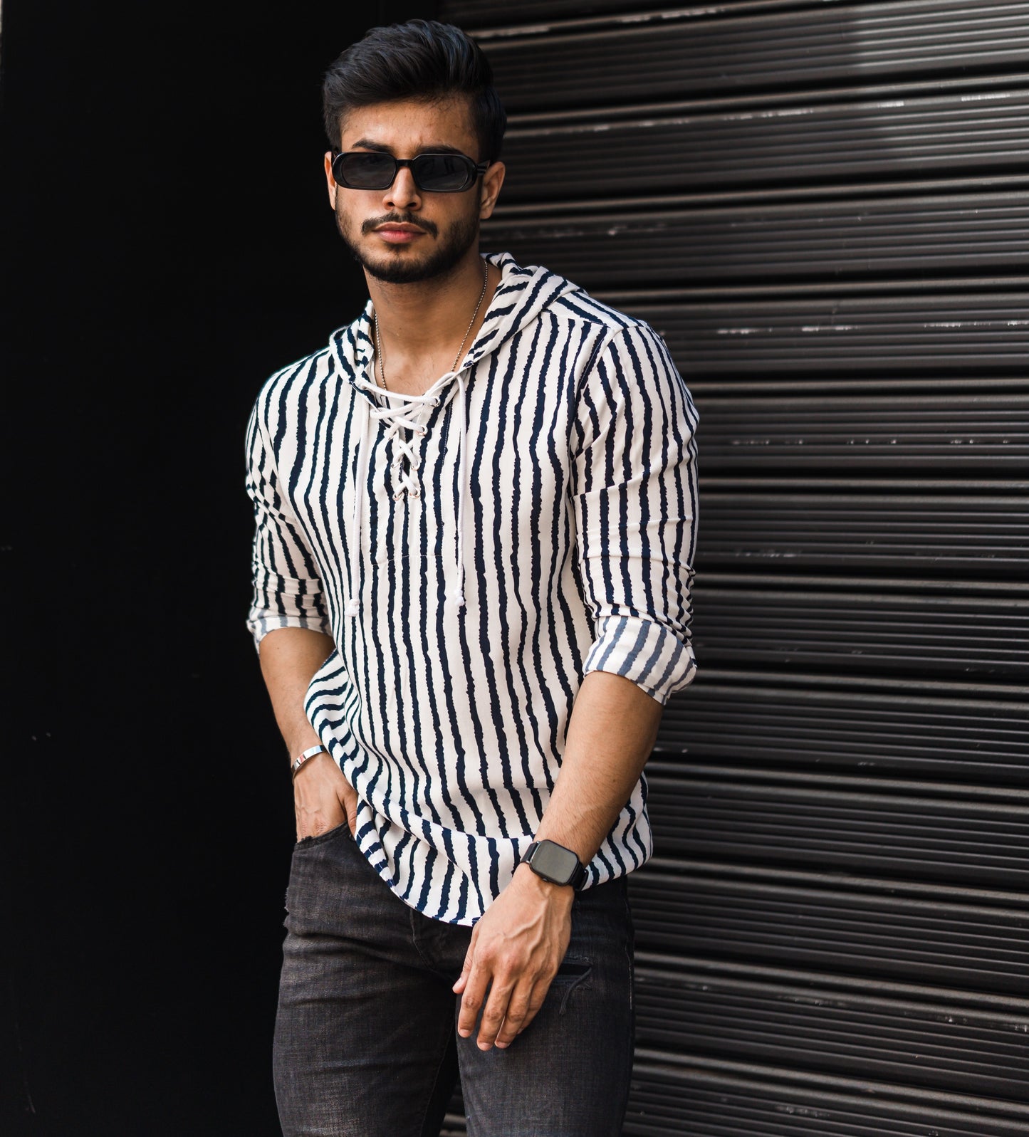 White Stripe Hooded Full Sleeves Shirt