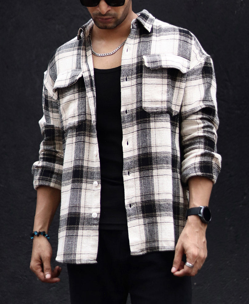 Cream Checked Structured Oversize Drop Shoulder Shirt