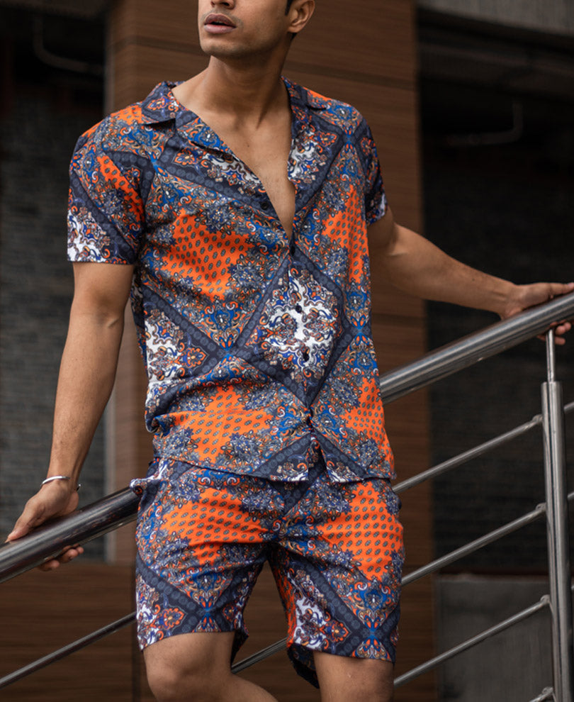 Blue Abstract Print Shirt and Shorts Set