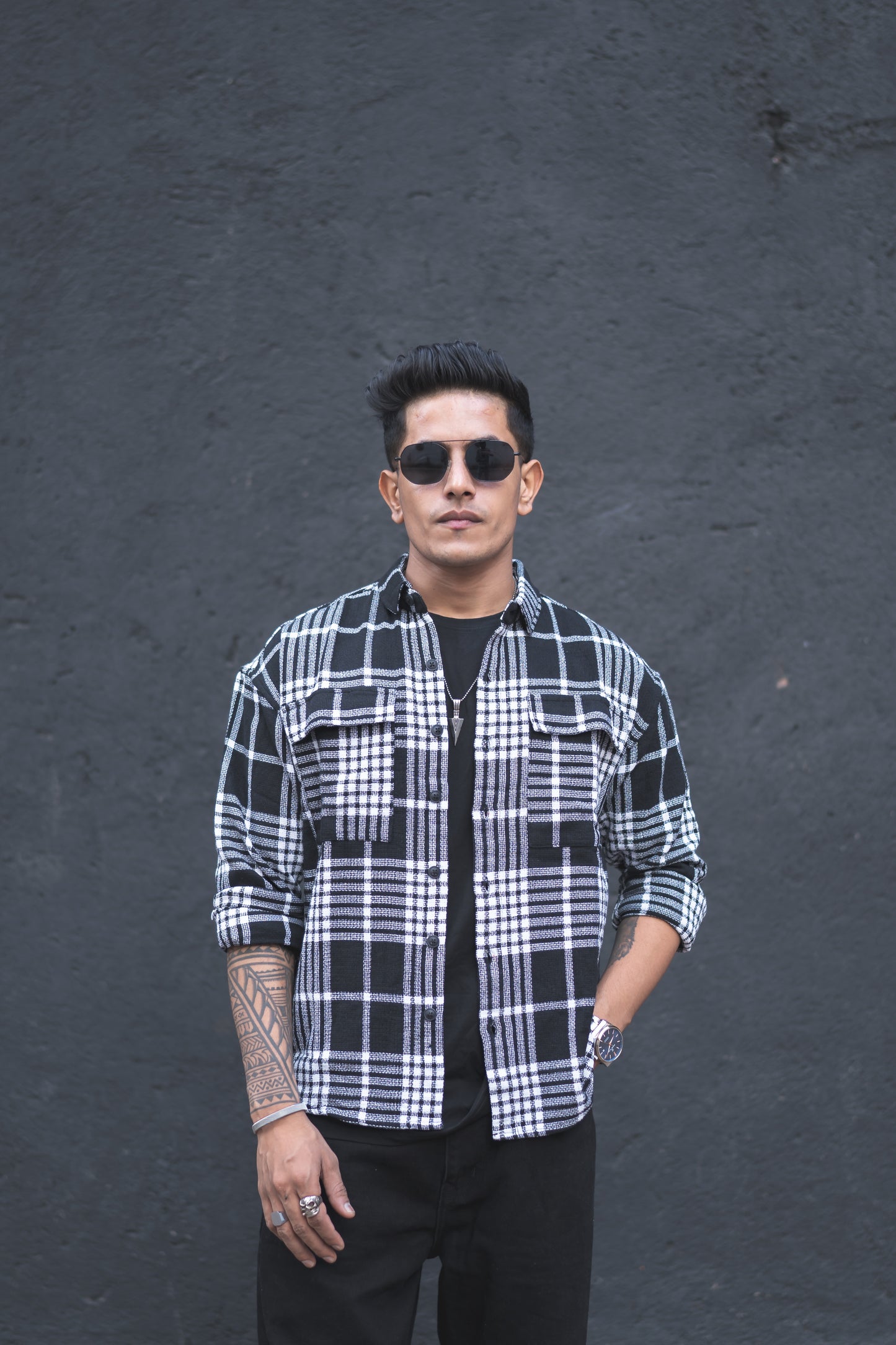 Black Plaid Checks Oversize Drop Shoulder Shirt