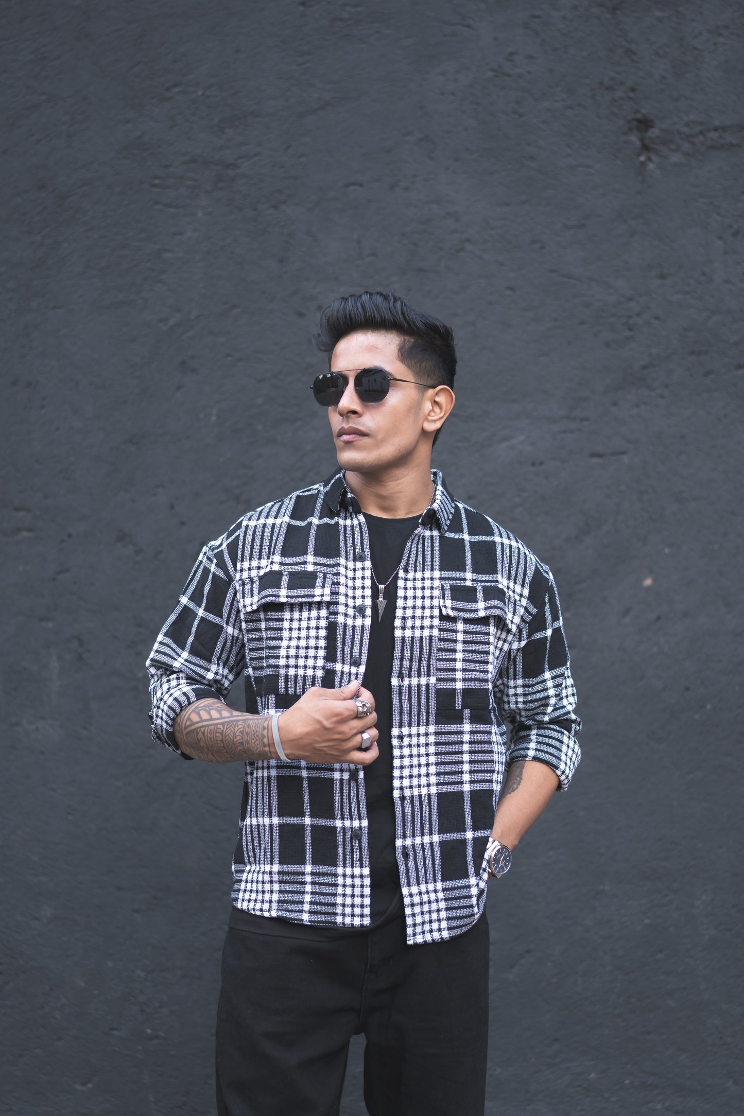 Black Plaid Checks Oversize Drop Shoulder Shirt