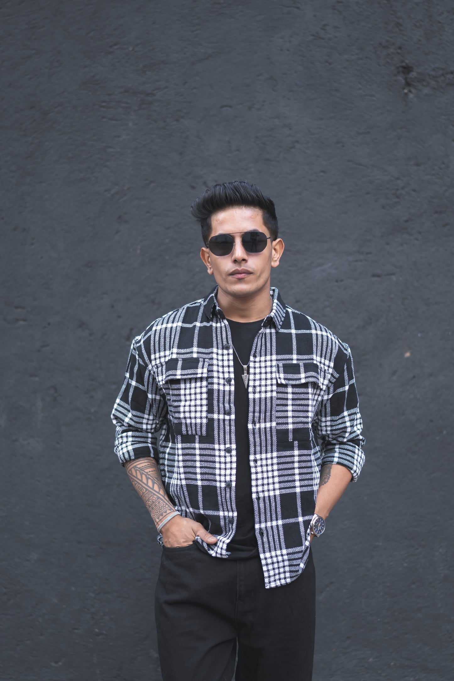 Black Plaid Checks Oversize Drop Shoulder Shirt