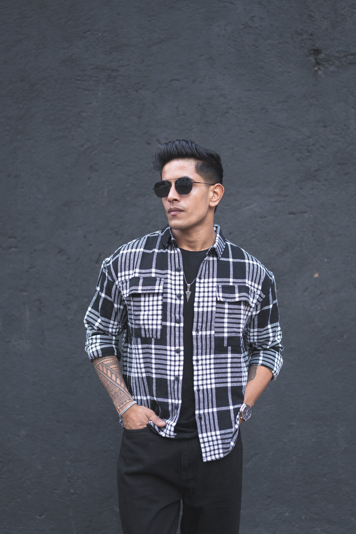 Black Plaid Checks Oversize Drop Shoulder Shirt