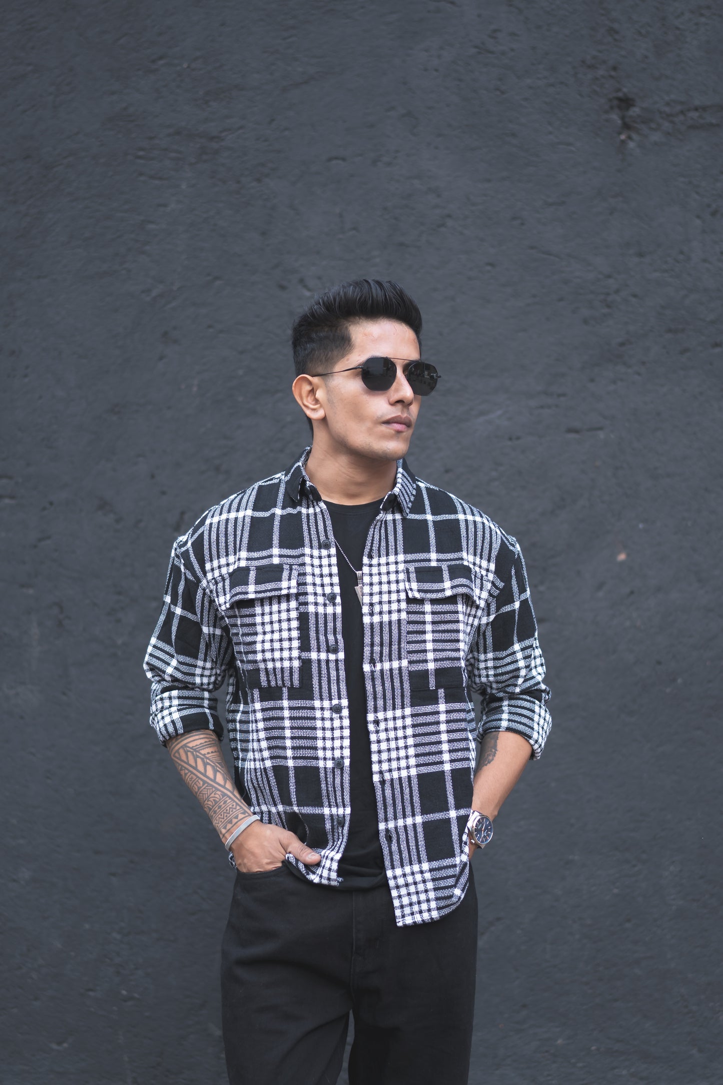 Black Plaid Checks Oversize Drop Shoulder Shirt