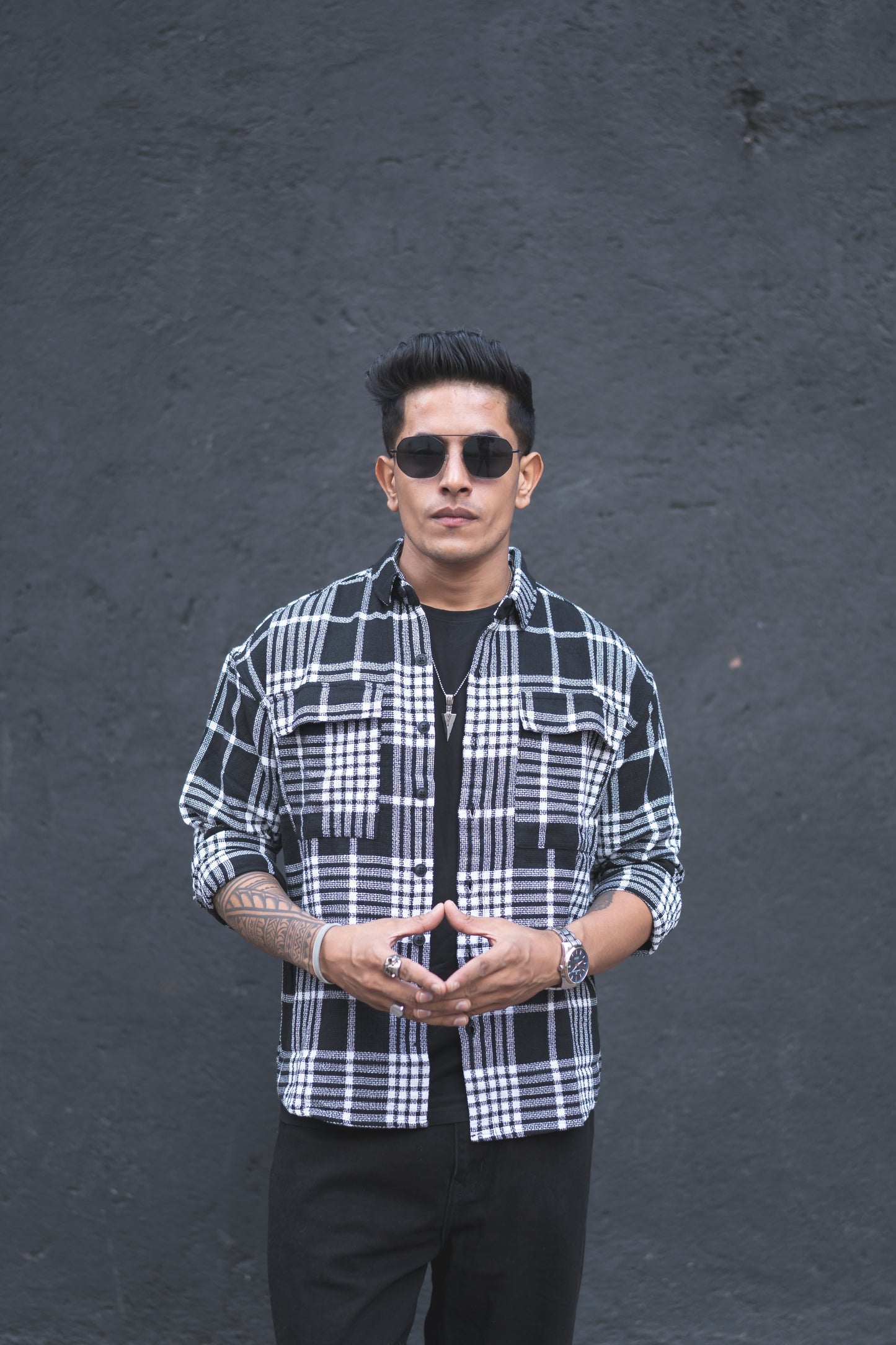 Black Plaid Checks Oversize Drop Shoulder Shirt