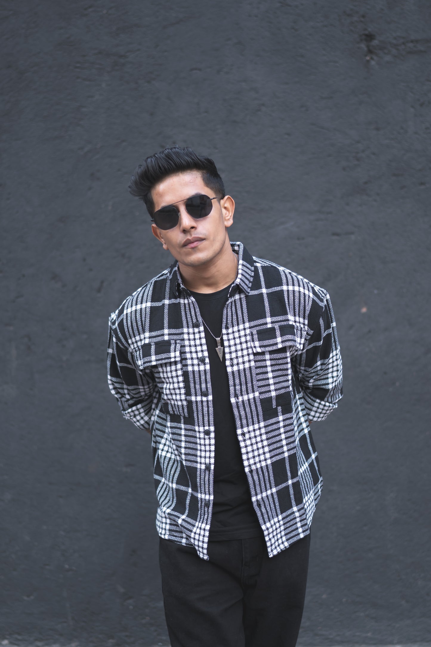 Black Plaid Checks Oversize Drop Shoulder Shirt