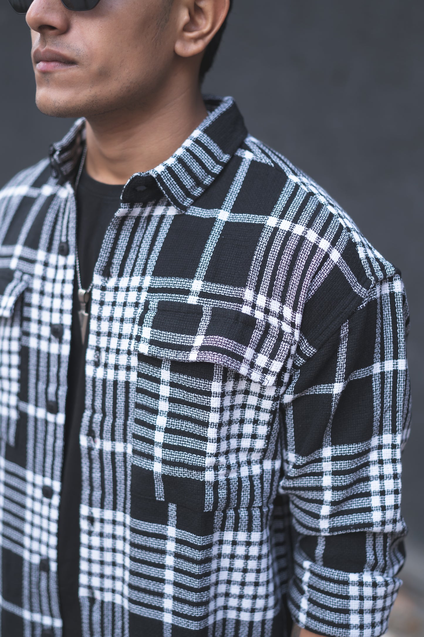 Black Plaid Checks Oversize Drop Shoulder Shirt