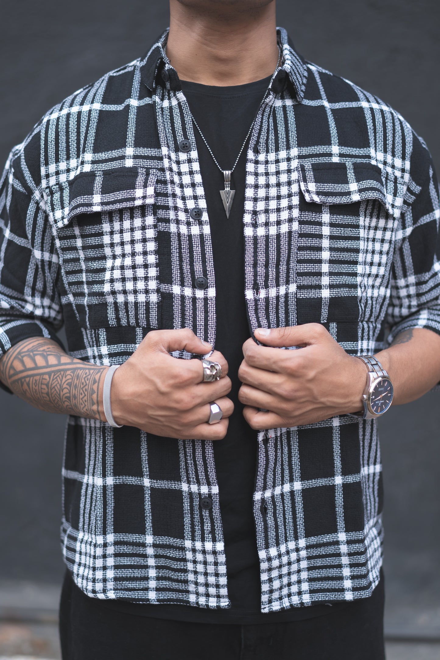 Black Plaid Checks Oversize Drop Shoulder Shirt