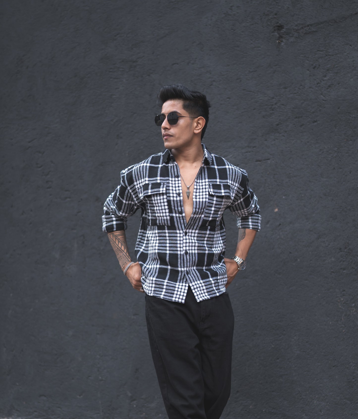 Black Plaid Checks Oversize Drop Shoulder Shirt