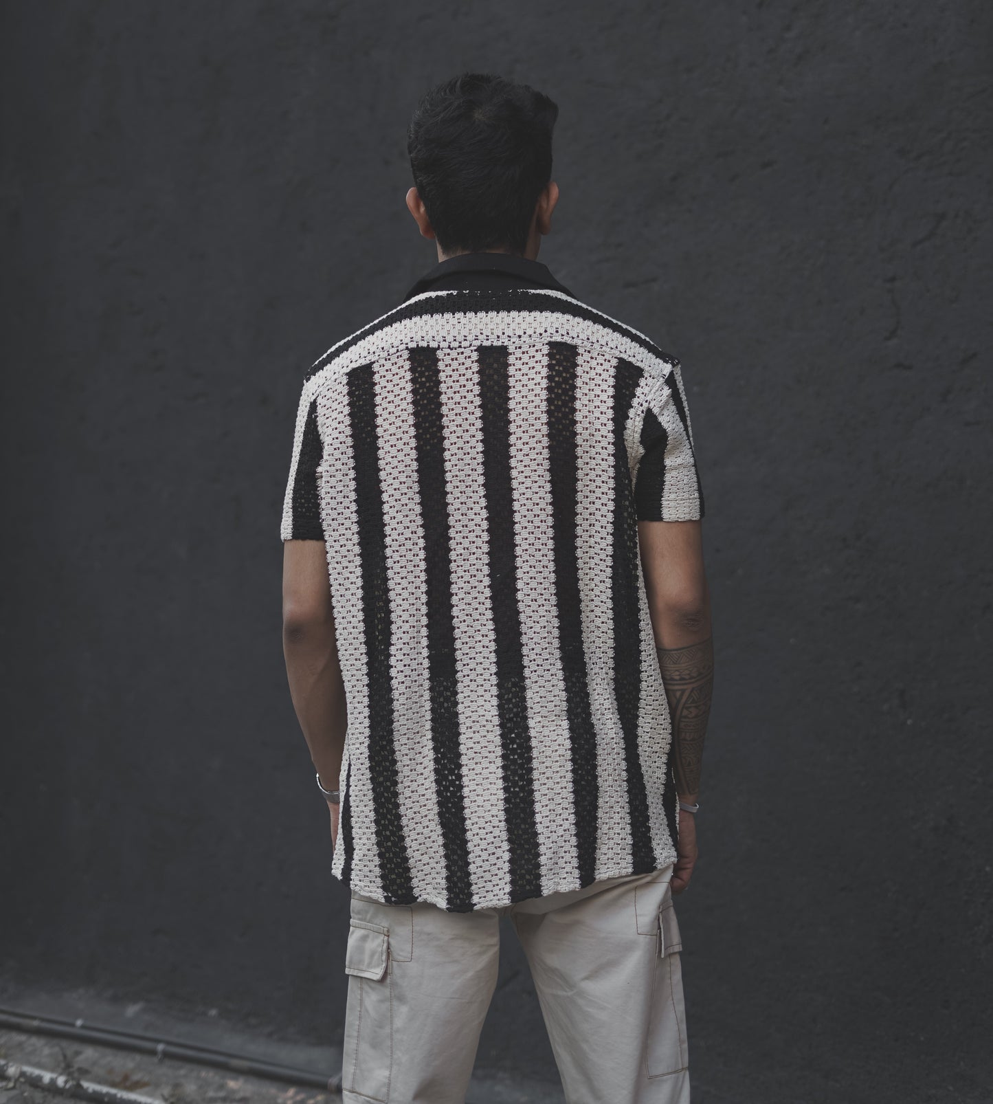 Black and White Crochet Knit Striped Shirt