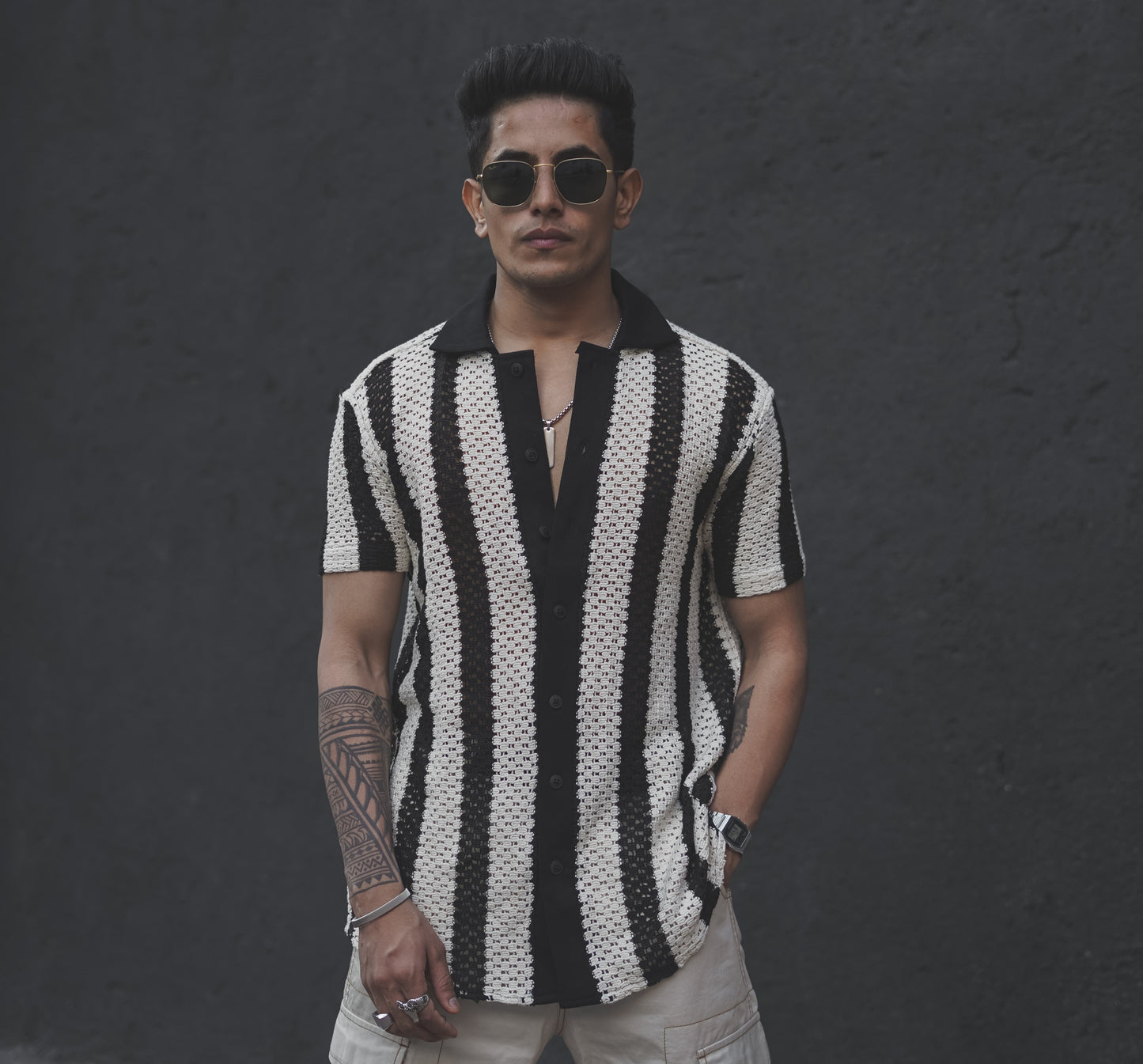 Black and White Crochet Knit Striped Shirt