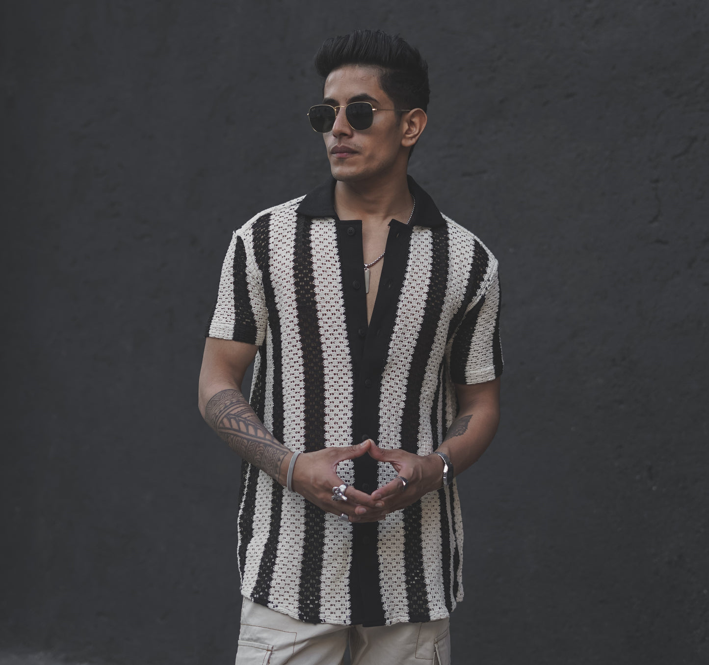 Black and White Crochet Knit Striped Shirt