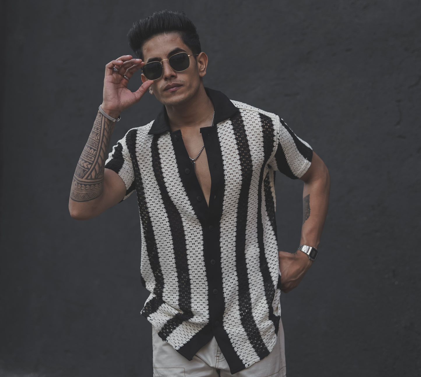 Black and White Crochet Knit Striped Shirt