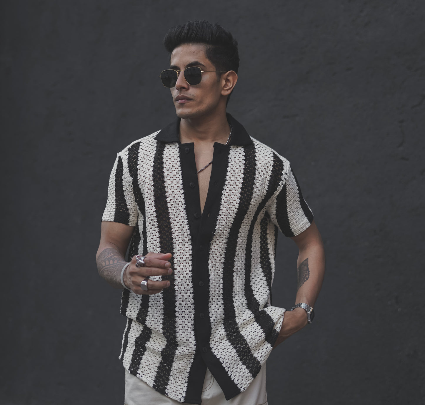 Black and White Crochet Knit Striped Shirt