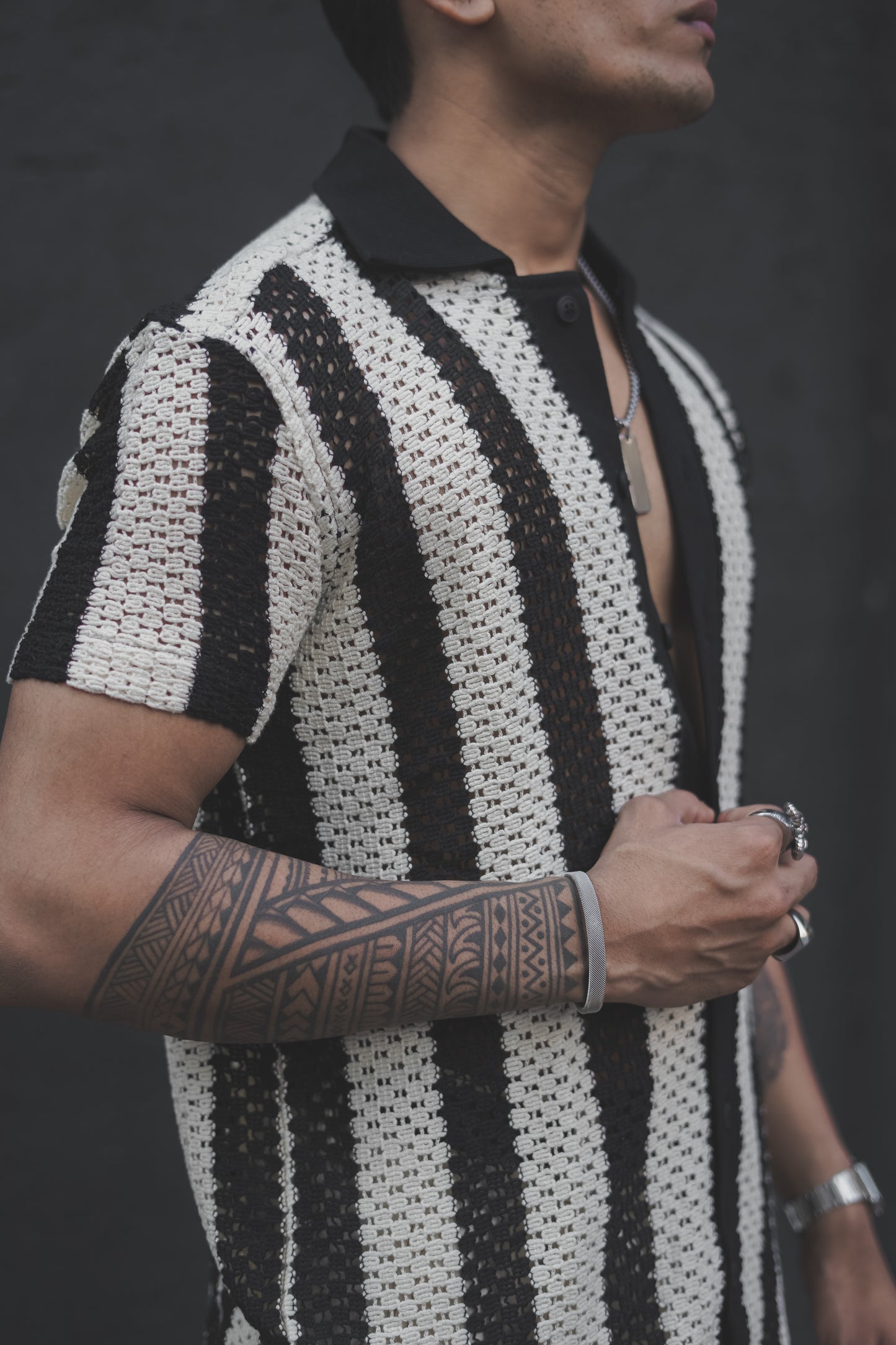 Black and White Crochet Knit Striped Shirt