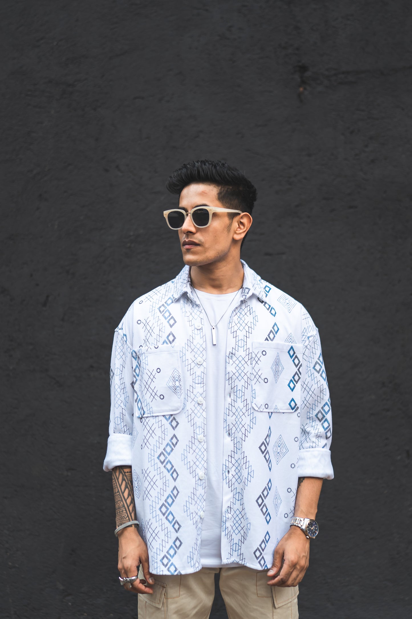 White Ethnic Print Oversized Shirt