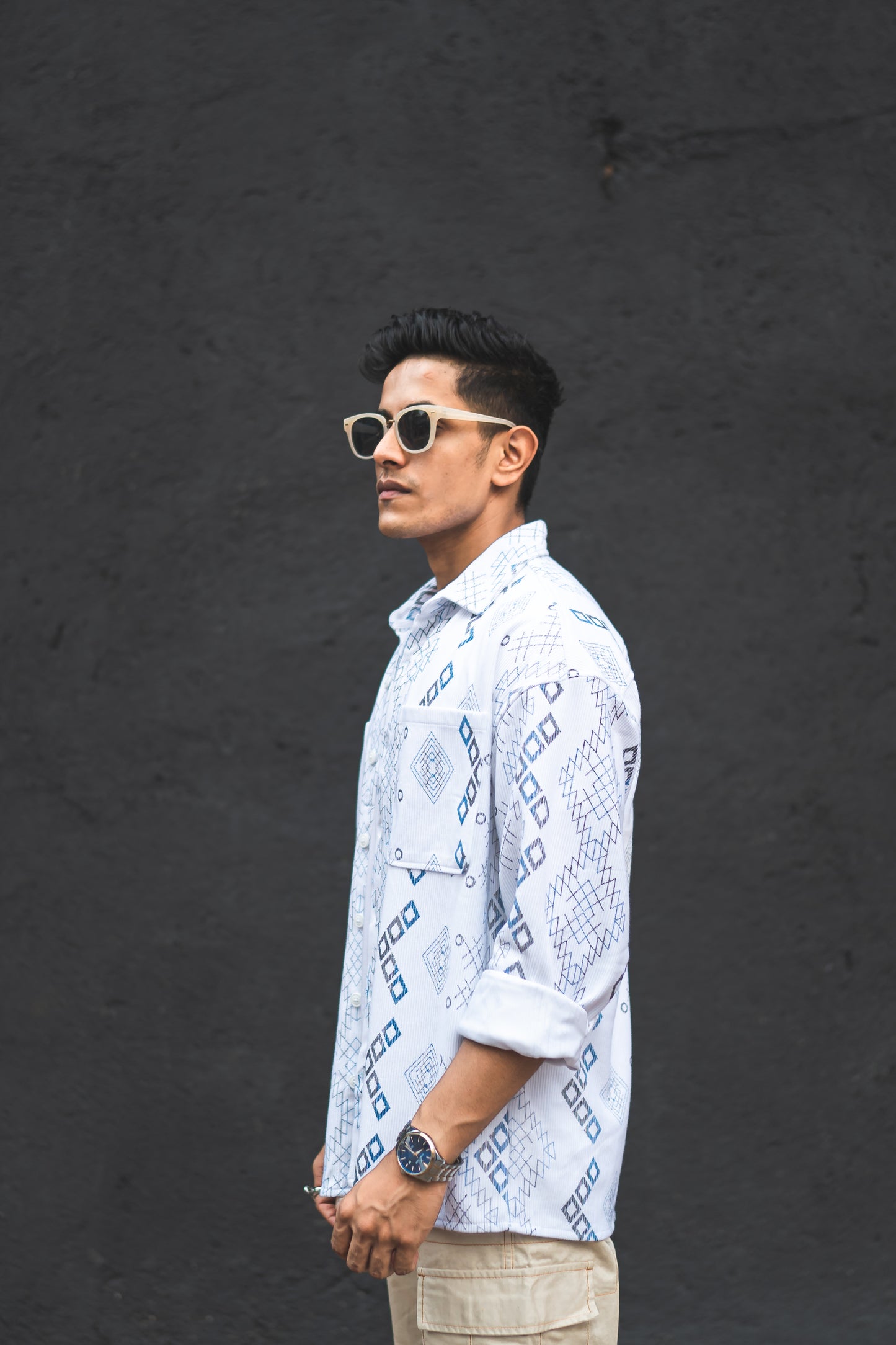 White Ethnic Print Oversized Shirt