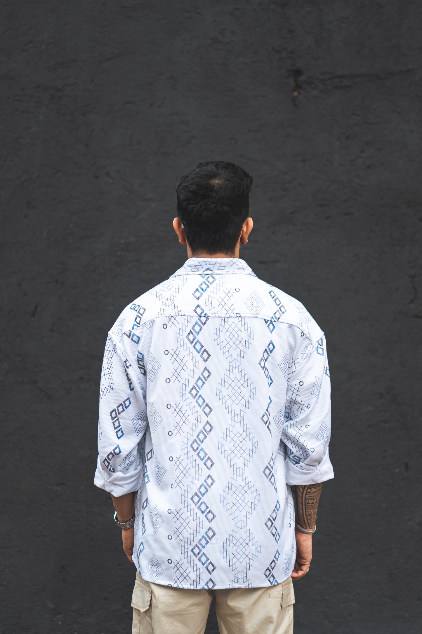 White Ethnic Print Oversized Shirt