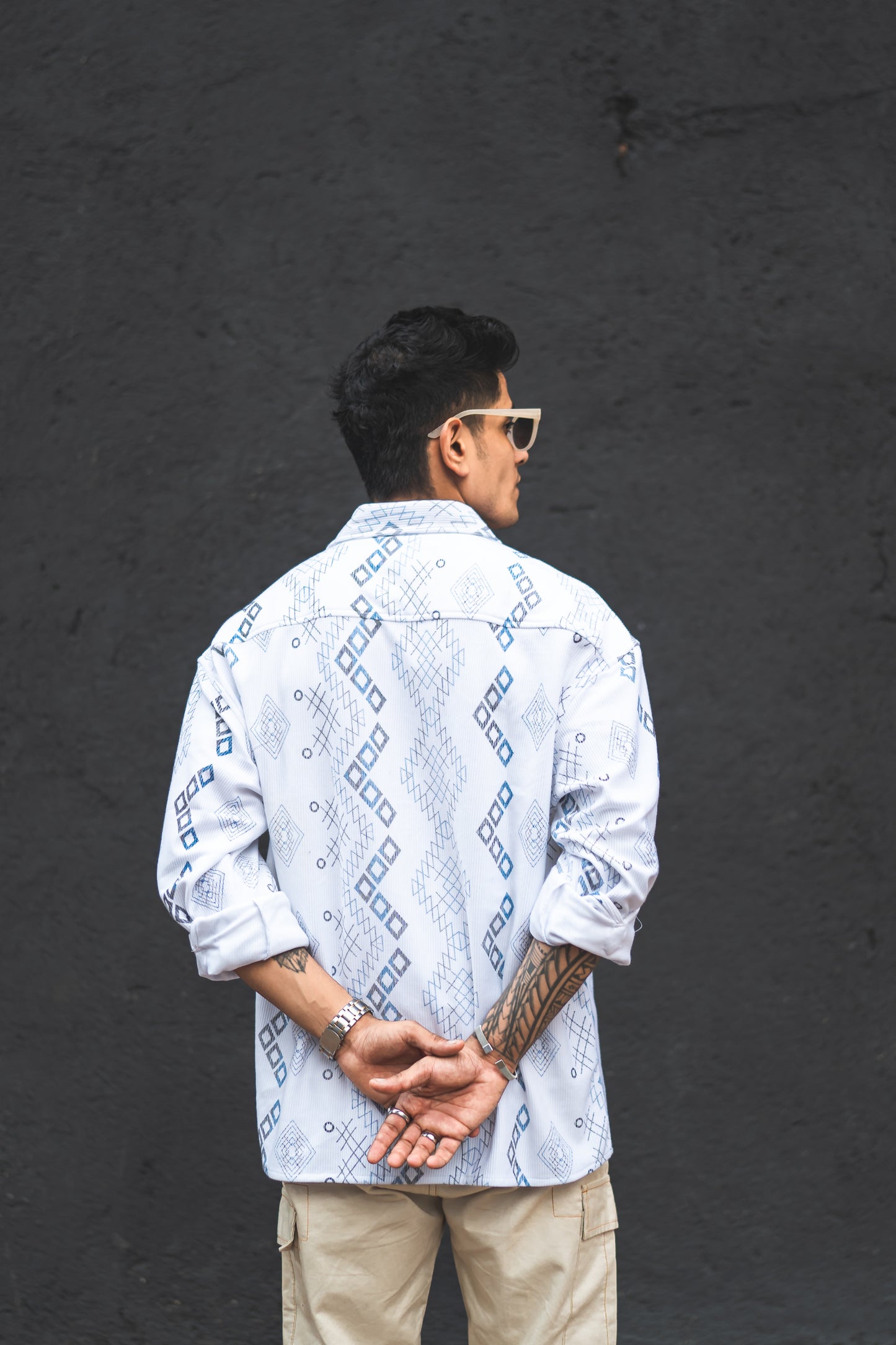 White Ethnic Print Oversized Shirt