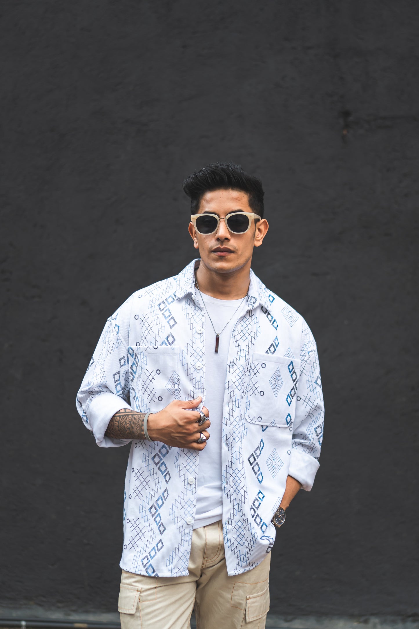 White Ethnic Print Oversized Shirt