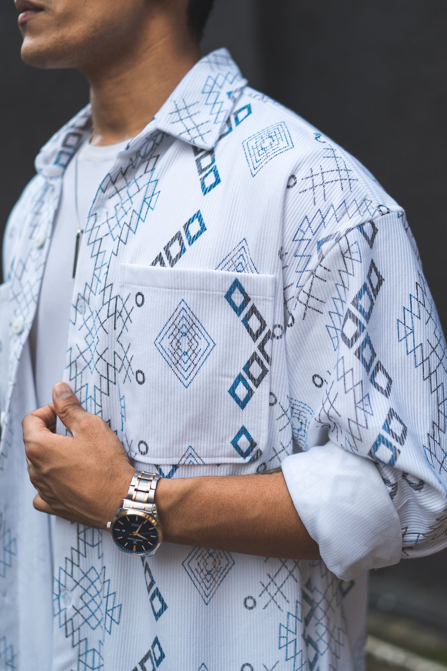 White Ethnic Print Oversized Shirt