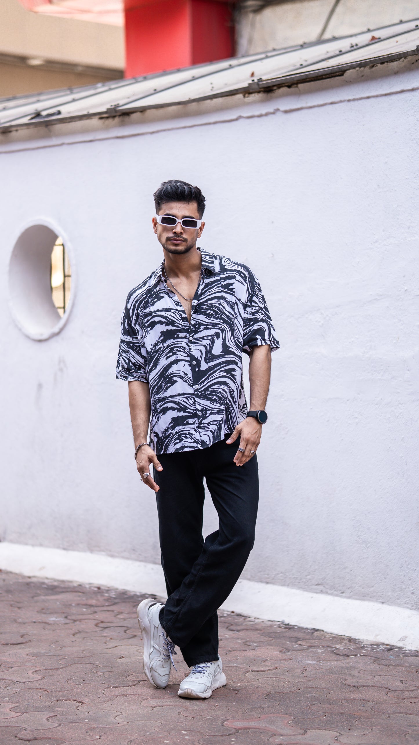 Black Abstract Print Oversize Drop Shoulder Shirt