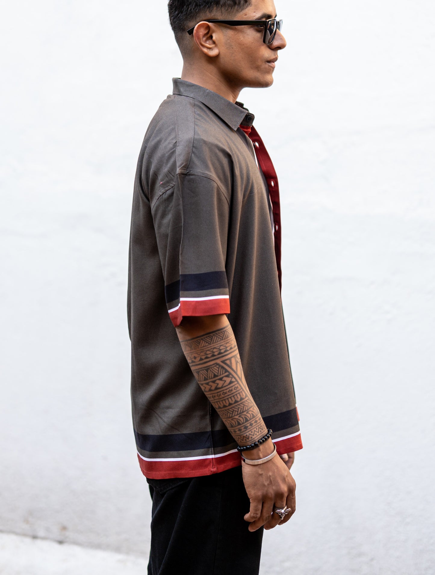 Dark Grey Oversized Drop Shoulder Shirt with Bottom Stripes